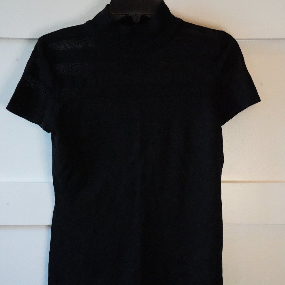 Carmen Marc Valvo, Short Sleeve Mock Neck Sheer Knit Top, Black Size Medium - Picture 3 of 5